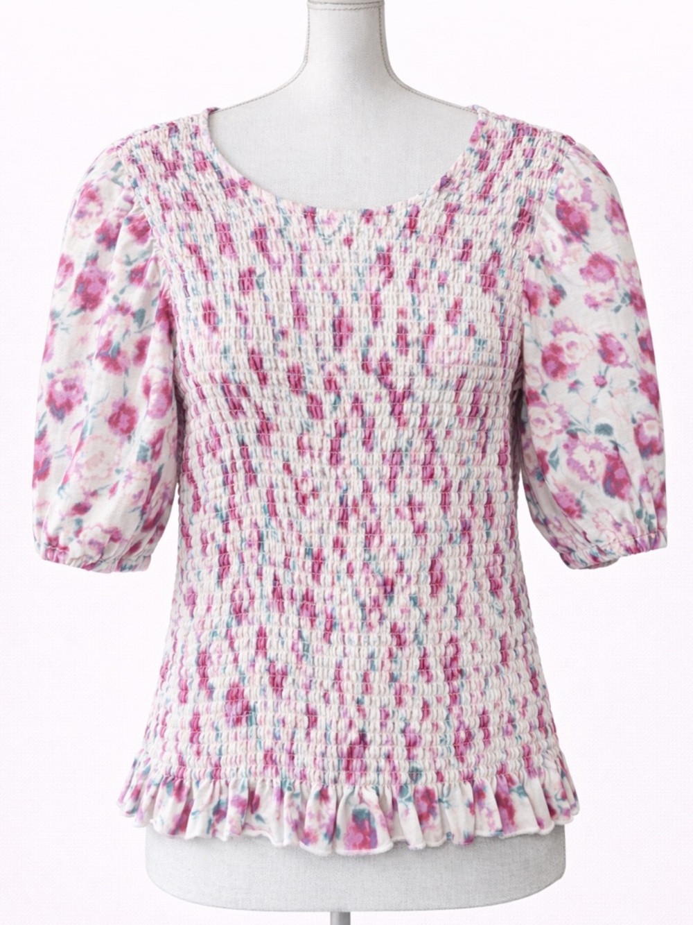 Catherine Malandrino White Pink Floral Shirred Puff-Sleeve Top size medium